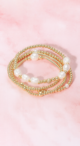 Tia 4pcs Pearl Metal Ball Beaded Stretch Bracelets - Gold